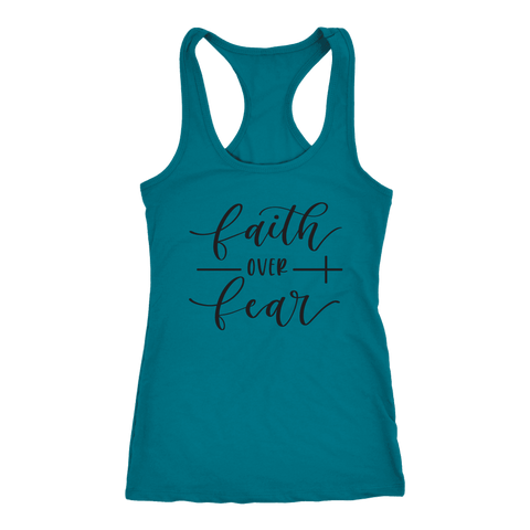 Image of Faith Over Fear Womens Black Print T-shirt Next Level Racerback Tank Turquoise XS