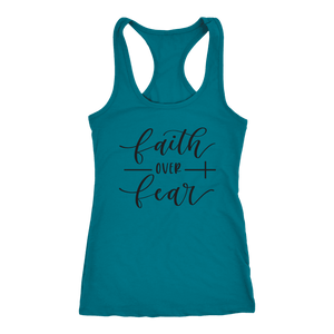 Faith Over Fear Womens Black Print T-shirt Next Level Racerback Tank Turquoise XS