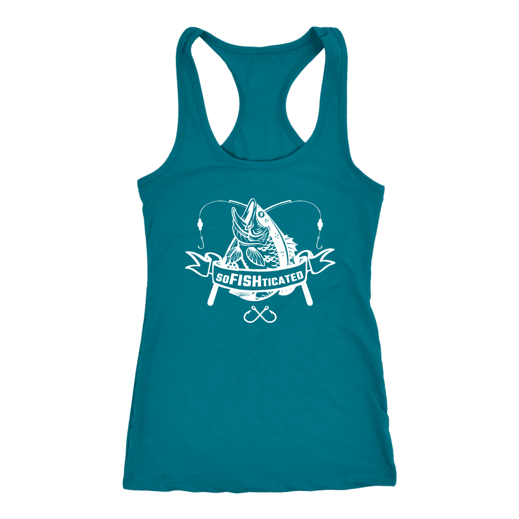 soFISHticated Womens White T-shirt Next Level Racerback Tank Turquoise XS
