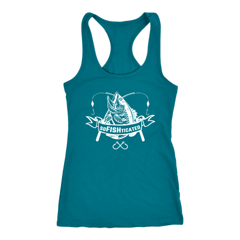 Image of soFISHticated Womens White T-shirt Next Level Racerback Tank Turquoise XS