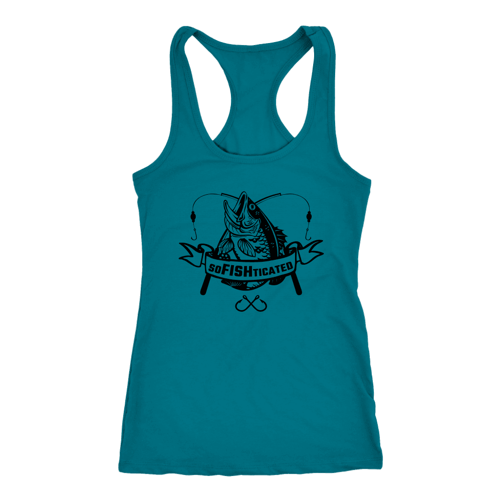 soFISHticated Womens Black Print T-shirt Next Level Racerback Tank Turquoise XS