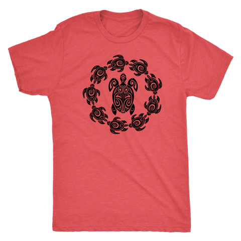 Image of Fun Circle of Life Tribal Turtle Shirt, Black Print T-shirt Next Level Mens Triblend Vintage Red S