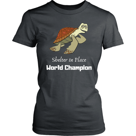 Image of Shelter In Place World Champion, White Print T-shirt District Womens Shirt Charcoal XS