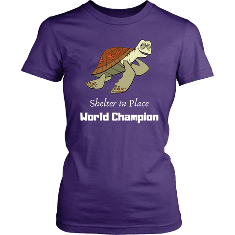Image of Shelter In Place World Champion, White Print T-shirt District Womens Shirt Purple XS