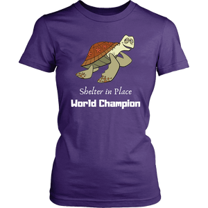 Shelter In Place World Champion, White Print T-shirt District Womens Shirt Purple XS