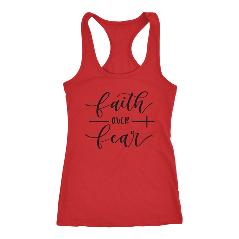 Image of Faith Over Fear Womens Black Print T-shirt Next Level Racerback Tank Red XS