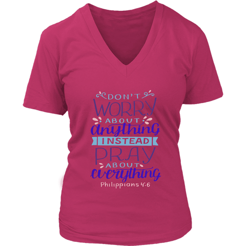 Image of Don't Worry!, Philippians 4:6 T-shirt District Womens V-Neck Dark Fuchsia S
