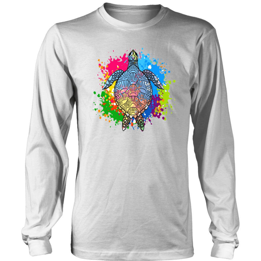 Vibrant Color Splash Sea Turtle T-shirt District Long Sleeve Shirt White S