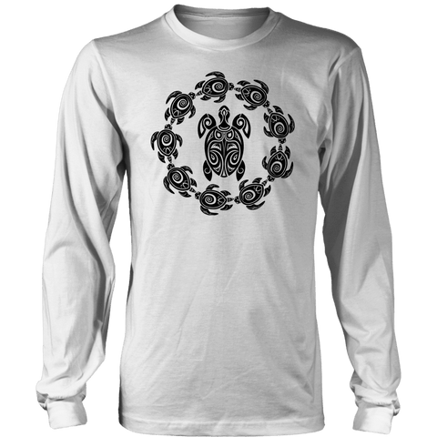 Image of Fun Circle of Life Tribal Turtle Shirt, Black Print T-shirt District Long Sleeve Shirt White S