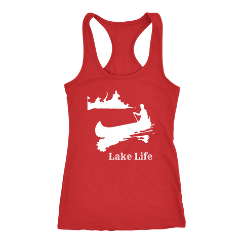 Image of Lake Life, Person in Canoe on the Lake T-shirt Next Level Racerback Tank Red XS