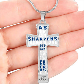 Proverbs 27:17 Premium Cross, Blue/White Jewelry 