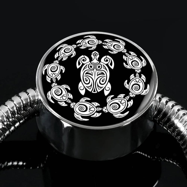 Peaceful Tribal Turtle, Black Background Circle with Durable Steel Bracelet Circle Charm S/M Bracelet & Charm No 