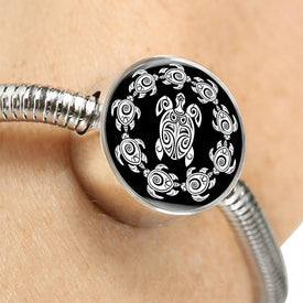 Peaceful Tribal Turtle, Black Background Circle with Durable Steel Bracelet