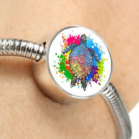 Color Splash Turtle, White Background Circle with Durable Steel Bracelet