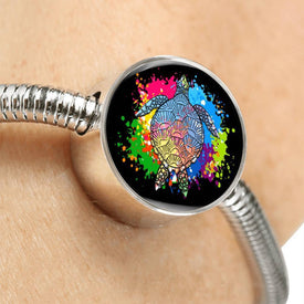 Color Splash Turtle, Black Background Circle with Durable Steel Bracelet