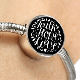 Faith Hope Love, Black Background Circle with Durable Steel Bracelet