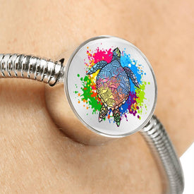 Color Splash Turtle, Clear Background Circle with Durable Steel Bracelet