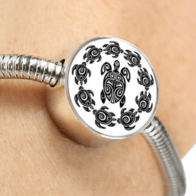 Peaceful Tribal Turtle, White Background Circle with Durable Steel Bracelet