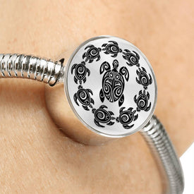 Peaceful Tribal Turtle, Clear Background Circle with Durable Steel Bracelet
