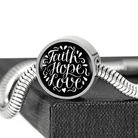 Faith Hope Love, Black Background Circle with Durable Steel Bracelet Circle Charm 