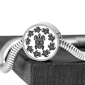 Peaceful Tribal Turtle, White Background Circle with Durable Steel Bracelet Circle Charm 
