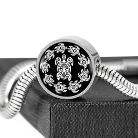 Peaceful Tribal Turtle, Black Background Circle with Durable Steel Bracelet Circle Charm 
