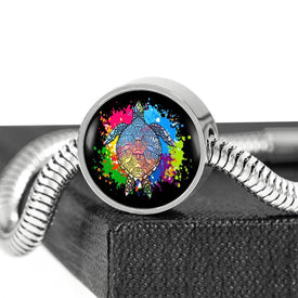 Color Splash Turtle, Black Background Circle with Durable Steel Bracelet Circle Charm 