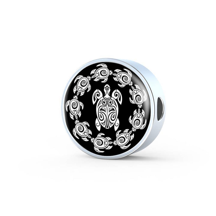 Peaceful Tribal Turtle, Black Background Circle with Durable Steel Bracelet Circle Charm Charm Only No 