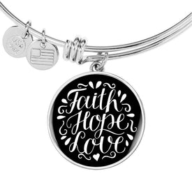 Faith Hope Love, Black Background Circle Bangle Jewelry 