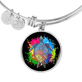 Color Splash Turtle, Black Background Circle Bangle Jewelry 