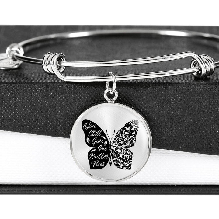 Butterflies Black and White Circle Bangle Jewelry Luxury Bangle (Silver) No 