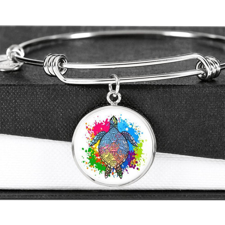 Color Splash Turtle, White Background Circle Bangle Jewelry Luxury Bangle (Silver) No 