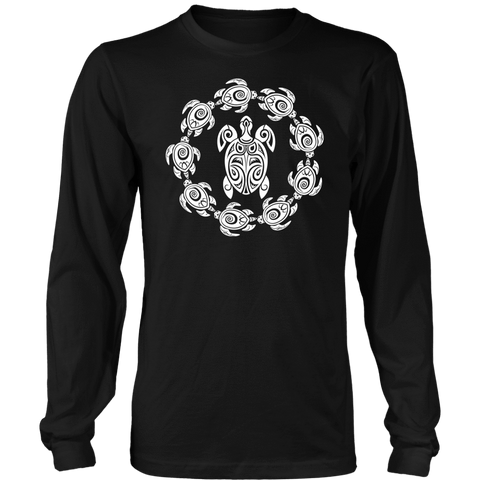 Image of Fun Circle of Life Tribal Turtle Shirt, White Print T-shirt District Long Sleeve Shirt Black S