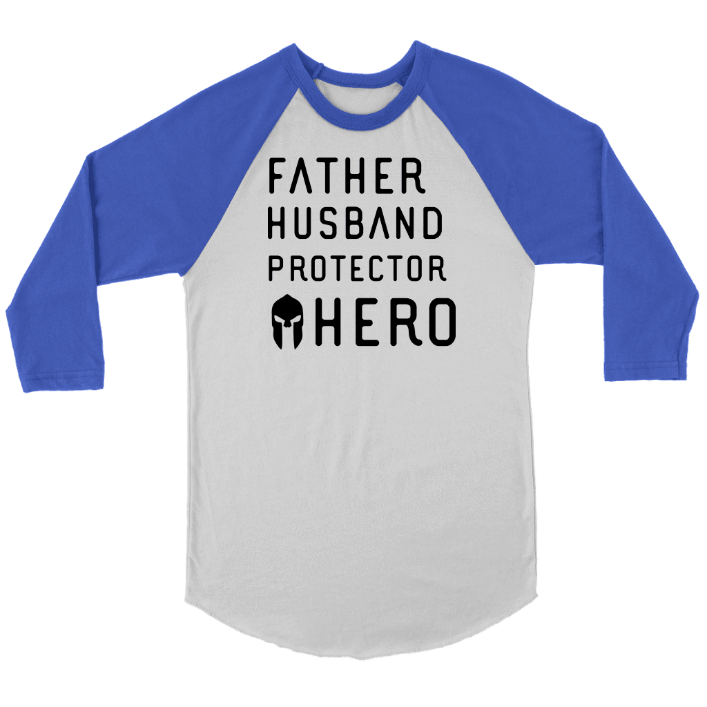 Father Husband Protector Hero Spartan Black T-shirt Canvas Unisex 3/4 Raglan White/Royal S