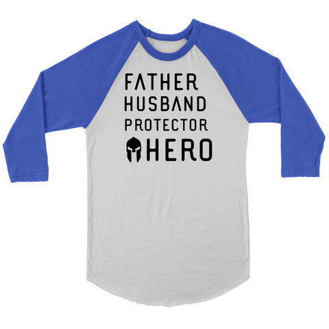 Image of Father Husband Protector Hero Spartan Black T-shirt Canvas Unisex 3/4 Raglan White/Royal S