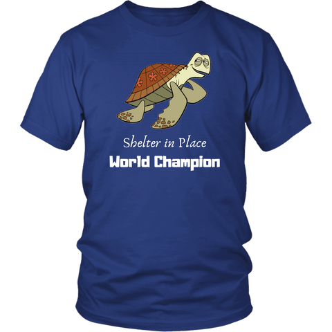 Image of Shelter In Place World Champion, White Print T-shirt District Unisex Shirt Royal Blue S