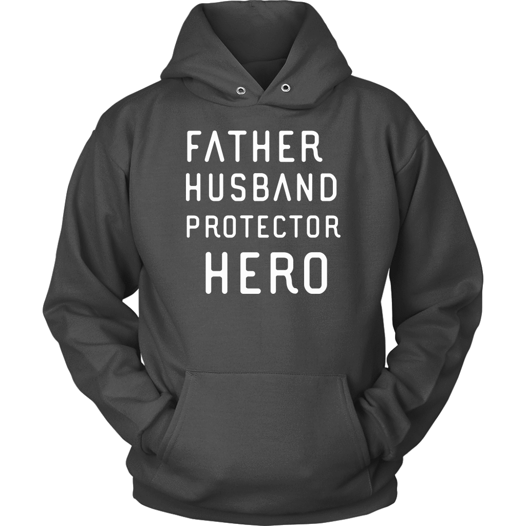 Father Husband Protector Hero White Print T-shirt Unisex Hoodie Charcoal S
