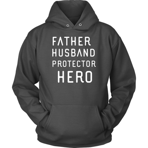 Image of Father Husband Protector Hero White Print T-shirt Unisex Hoodie Charcoal S