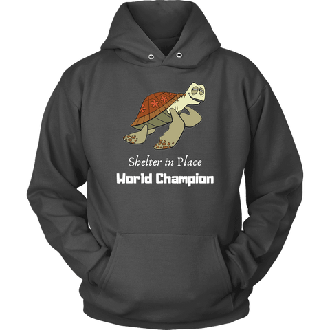 Image of Shelter In Place World Champion, White Print Long Sleeve Hoodie T-shirt Unisex Hoodie Charcoal S