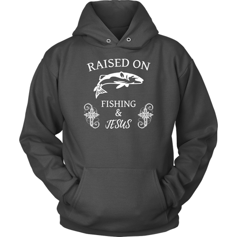 Image of Fishing and Jesus, White T-shirt Unisex Hoodie Charcoal S