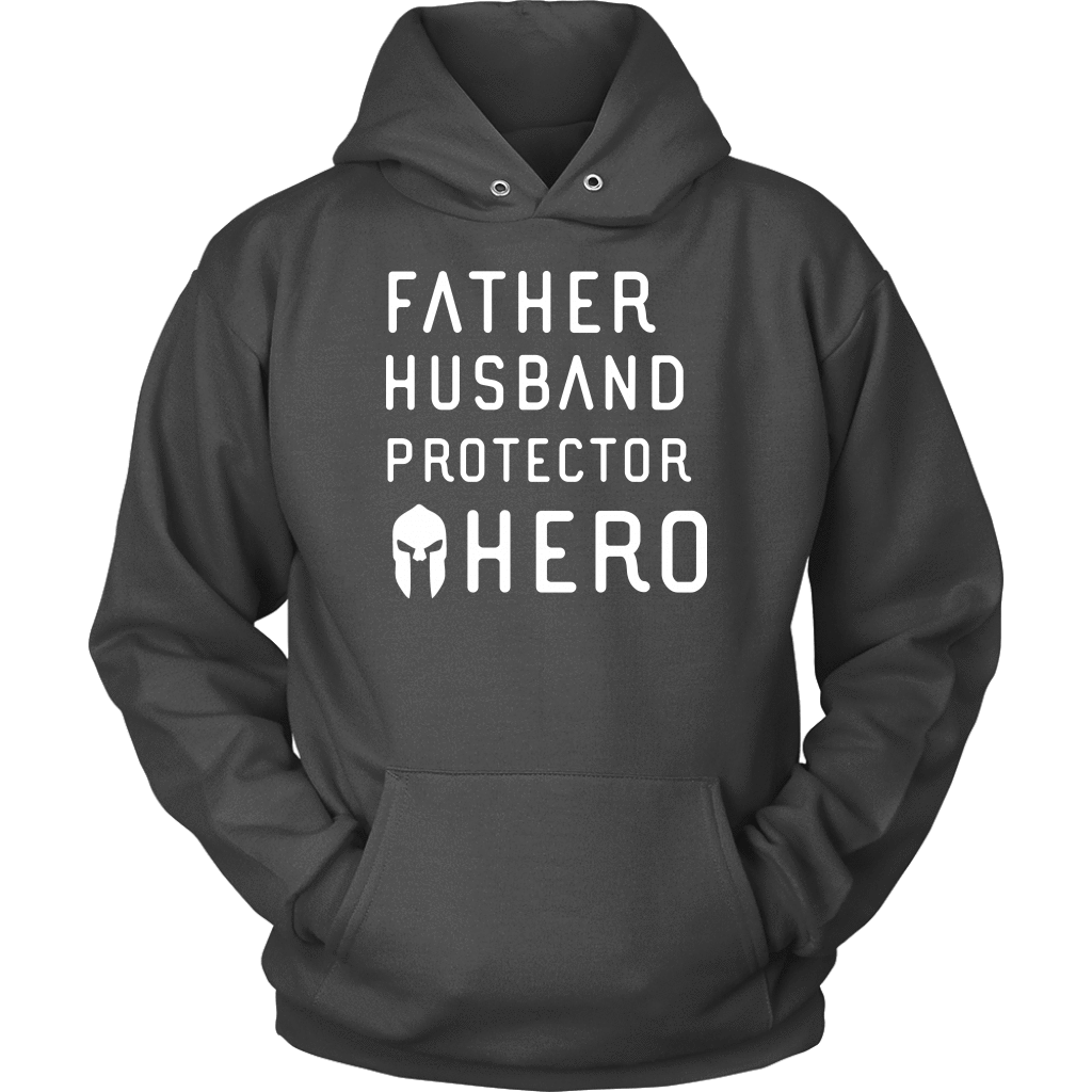 Father Husband Protector Hero Spartan White Print T-shirt Unisex Hoodie Charcoal S
