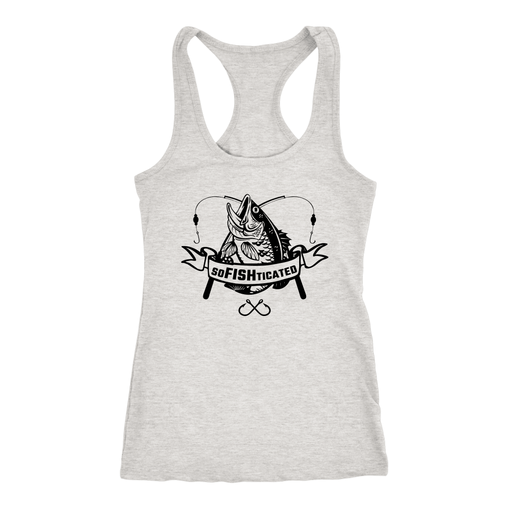 soFISHticated Womens Black Print T-shirt Next Level Racerback Tank Heather Grey XS