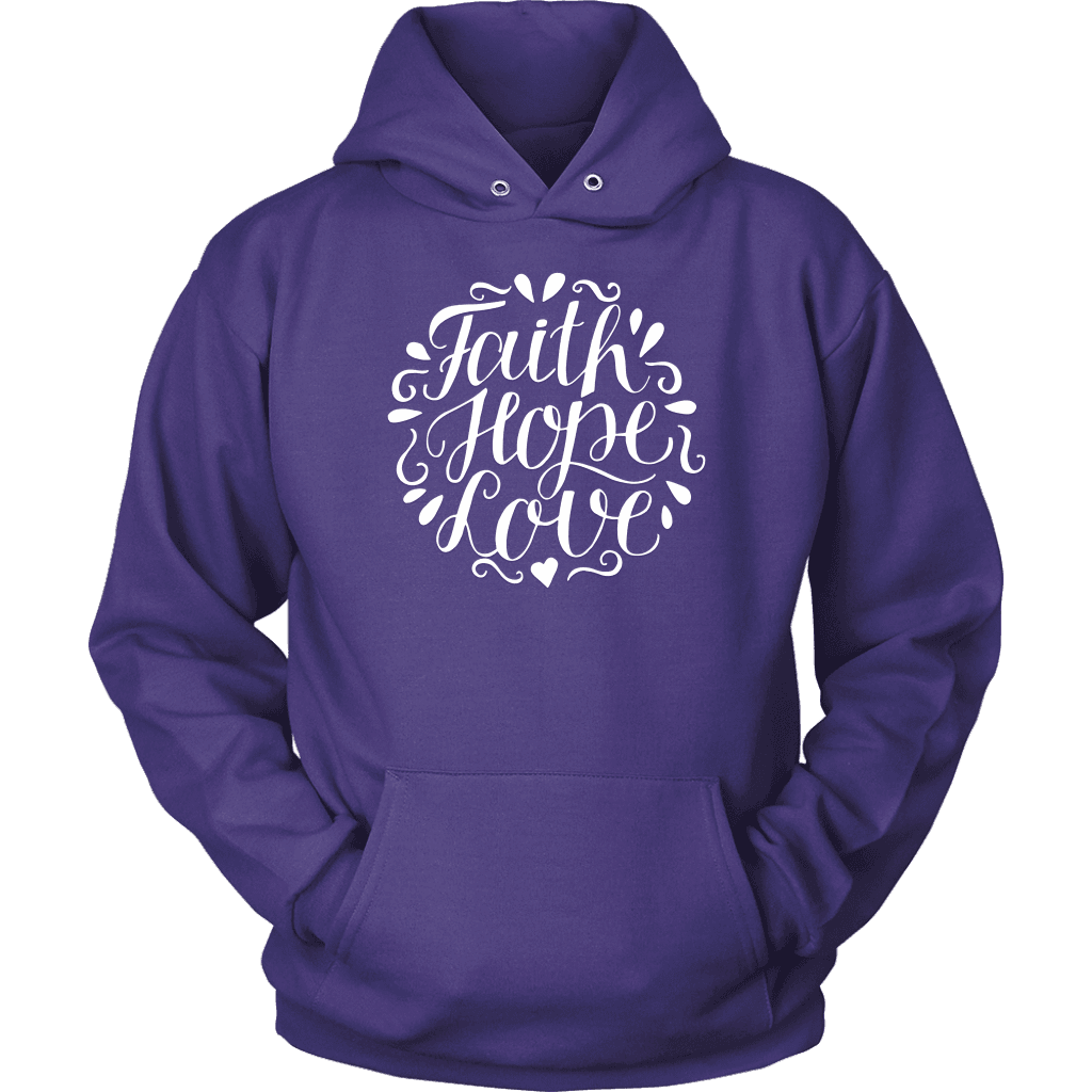 Faith Hope and Love, White Print T-shirt Unisex Hoodie Purple S