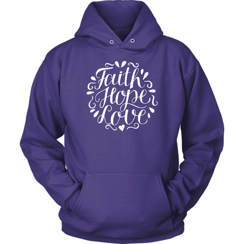 Image of Faith Hope and Love, White Print T-shirt Unisex Hoodie Purple S