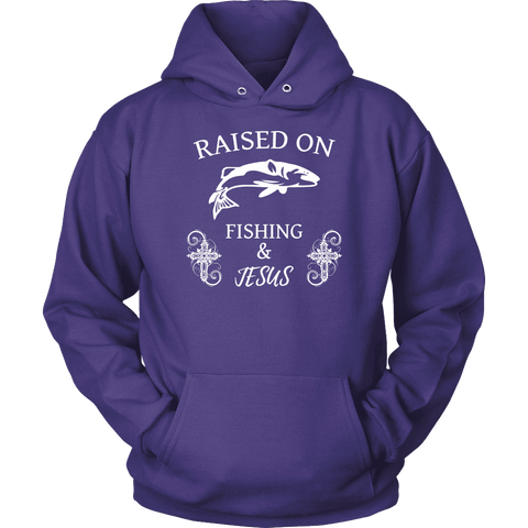 Image of Fishing and Jesus, White T-shirt Unisex Hoodie Purple S