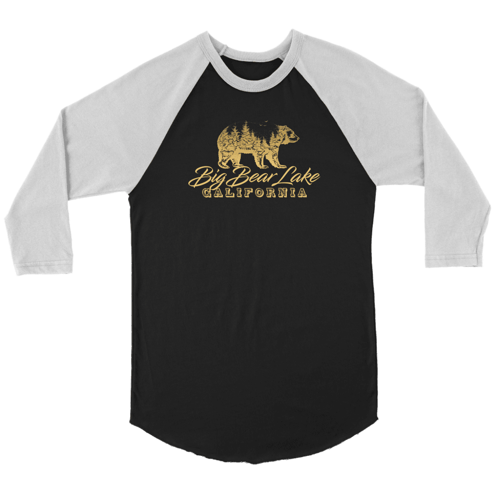 Big Bear Lake California V.2, Raglan, Gold T-shirt Canvas Unisex 3/4 Raglan Black/White S