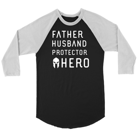 Image of Father Husband Protector Hero Spartan White Print T-shirt Canvas Unisex 3/4 Raglan Black/White S