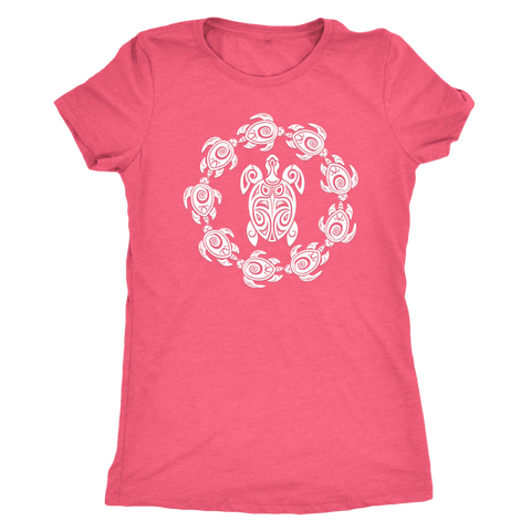 Image of Fun Circle of Life Tribal Turtle Shirt, White Print T-shirt Next Level Womens Triblend Vintage Light Pink S