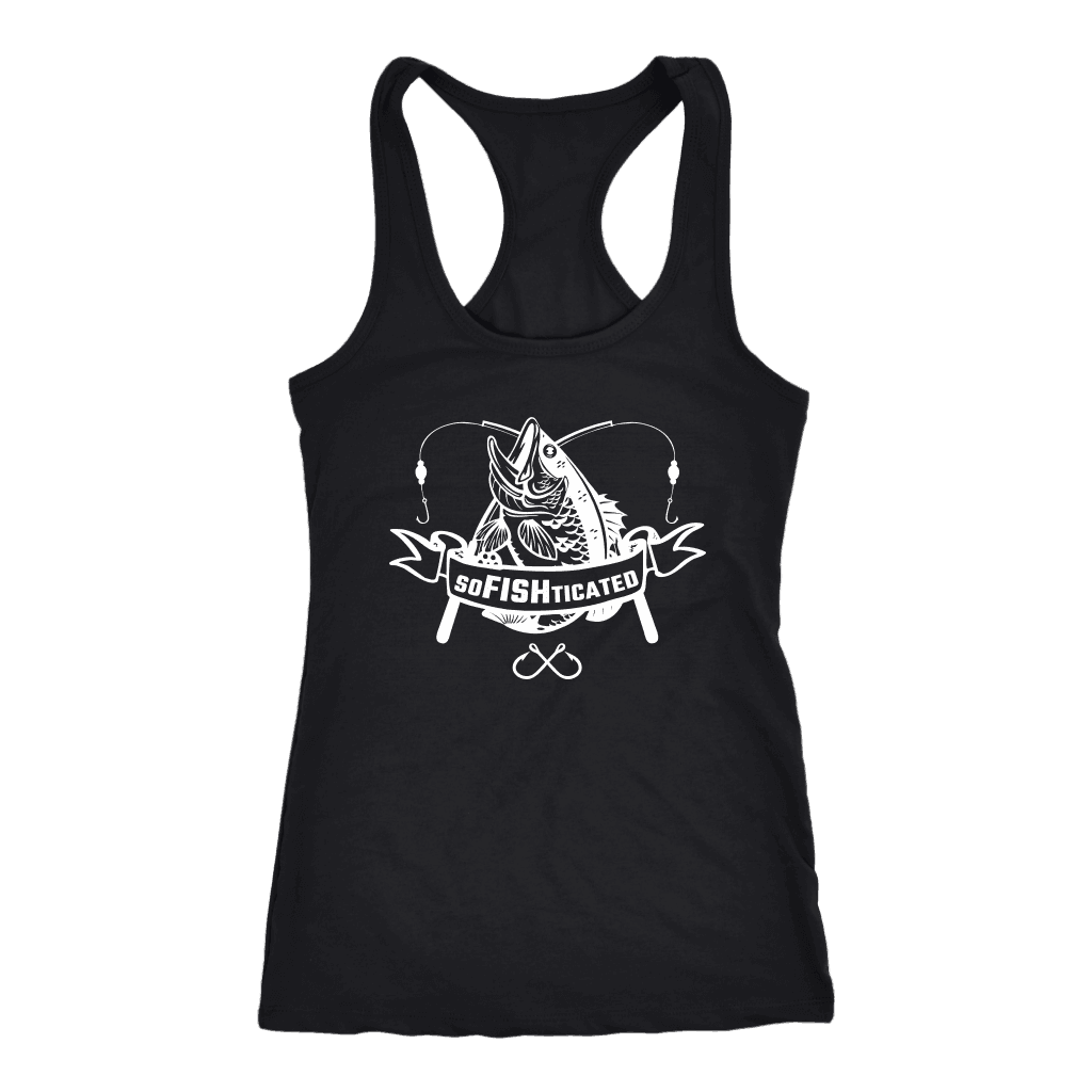 soFISHticated Womens White T-shirt Next Level Racerback Tank Black XS