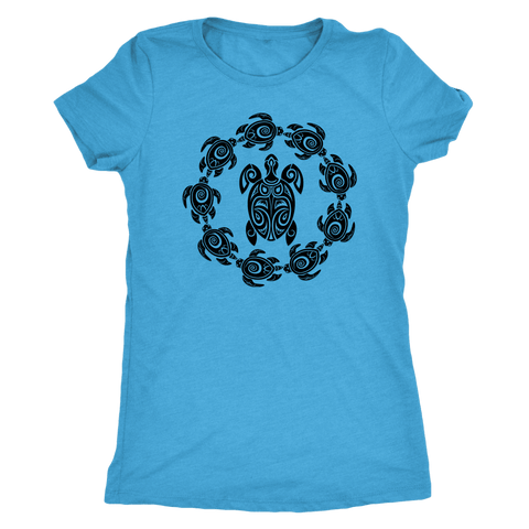 Image of Fun Circle of Life Tribal Turtle Shirt, Black Print T-shirt Next Level Womens Triblend Vintage Turquoise S